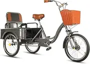 Elderly Rickshaw Pedal Tricycle with Large Cabin,20inch Dual-use Cargo Trike,Tandem Tricycle with Dual seat,3 Wheels Cruiser Trike Bike with Shock Absorbing Fork,Sensitive Brakes