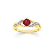 9ct Gold, Created Ruby & Diamond Cushion Cut Ring in Red