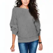 Loose Bat Sleeve Boat Neck Knit Women's Sweater Pullover Jumper - Gray