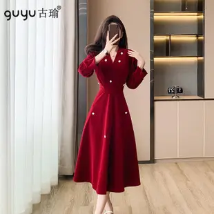 禮服婚宴洋裝復古金絲絨洋裝女秋冬新款禮服裙平時可穿v領a字裙