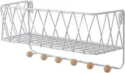 Zerodeko 1pc Iron Wall Rack with Hooks Wall Mounted Storage Shelf for Home Bedroom Living Practical Design for Organizing Photos Plants and Memorabilia White