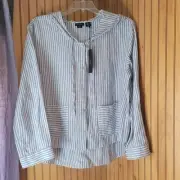 Tahari Size L 100% Linen Striped High Low Hooded Top Lagenlook Button Up Pockets