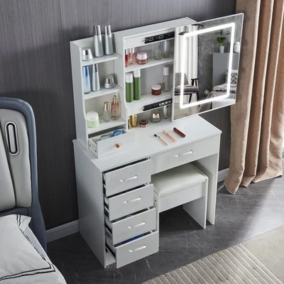 Dressing Table Stool Set w/ Sliding Mirror Makeup Mirror Vanity Desk Drawer