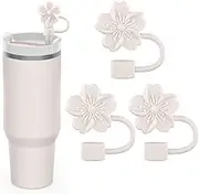 Straw Cover Cap for Stanley Cup, 3Pcs Cute Flower Straw Toppers Accessories Compatible with Stanley Cup 30&40 Oz Tumbler, Silicone Straw Tips Lids for Home and Party Decor, Beige