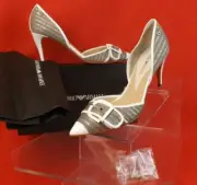 NIB EMPORIO ARMANI GRAY CANVAS WHITE LEATHER LOGO BELTED PUMPS ITALY 37.5 $495