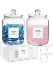 Laundry Dryer Sheet Holder With Labels And 2 Laundry Pods Glass Jars USA