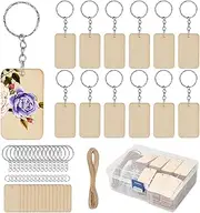 BUYGOO 80Pcs Blank Rectangle-Shaped Wooden Keychain Set, Unfinished Wood Pieces with 80pcs Key Rings and Hemp Rope Personalized Wood Keychain Key Ring Key Tags DIY Keychain Supplies for Craft