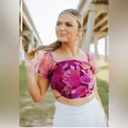 Le Lis Collection MAGENTA FLORAL CROP TOP with mesh sleeves S