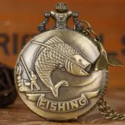 Bronze Engraved FISHING Fish Pattern Quartz Pocket Watch Arabic Number Dial Gift