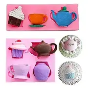 Set of 2 Teapot Cup Cupcake Shape Afternoon Tea Silicone Mold Sugar Chocolate Ca