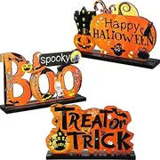 [Blulu] 3 Happy Halloween Table Decorations, Pumpkin Table Centerpieces Boo Sign Wooden Candy Day for Halloween Party Dinner Coffee Table Topper Tier Tray Room Decor, 7.87 x 4.72 Inch