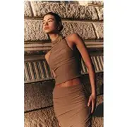 Mushroom Soft Touch Ruched Halter Crop Top, Mushroom