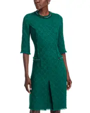 Teri Jon by Rickie Freeman Fringe Trim Stretch Boucle Dress