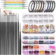 BEETIY Nail Art Tool Sets Nail Art Brush, 3D Nail Art Decorations Kit with Nail Pen Designer Dotting Tools Colors Holographic Butterfly Nail Glitter Foil Flakes Nail Tape Strips and Multi-color Nails Rhinestones Art Stickers