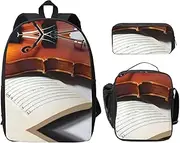 Violin Book Backpacks With Lunch Pack Pencil Case, Lightweight Bookbag For Camping Excursions, Black, One Size, Art Deco