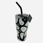 Wellness Double Wall Steel Black & White Tumbler Straw 30oz Halloween Boo Ghosts