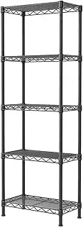 SINGAYE 5 Tier Shelf Wire Shelving Adjustable Storage Shelves Rack Standing Units for Kitchen Closet Laundry Bathroom Organizers Metal Pantry Narrow Mesh Gaps 10" D x 16" W x 55" H Black