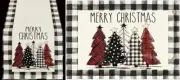 New Christmas Table Runner, 4 Placemats-Trees on Blk/Off-White Buffalo Plaid-72"