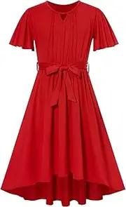 [Kimoda] Girls Ruffle Dress Summer Plain Casual A-Line Sundress Kids Party Dress with Belt 5-12 Years