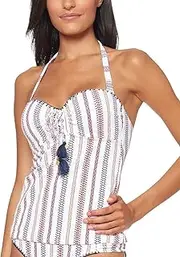 [Jessica Simpson] Women's Striped Texture Underwire Halter Tankini Top