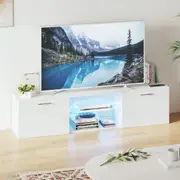 Advwin TV Cabinet 160cm LED Entertainment Unit Stand w/ Glass Storage Shelf Modern Media Console Table White
