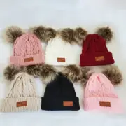 Toddler Kid Baby Winter Wool Knit Beanie Hat Double Fur Warm Pom Pom Bobble Cap
