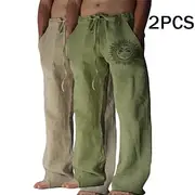 Men's Linen Pants Trousers Summer Pants Baggy Pants Beach Pants Drawstring Elastic Waist Straight Leg Graphic Sun Breathable Soft Full Length Outdoor Home Casu