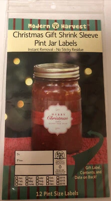 Modern Harvest Pint Canning Jar Labels Christmas Gift Shrink Sleeve 12 Ct New