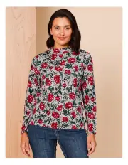 [Regatta] Recycled Polyester Blend Long Sleeve Soft Touch Tee With Side Splits In Red Wallpaper Rose Print On Greymarle