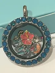 Origami Owl Medium Silver Caribbean Blue Crystal Locket Set