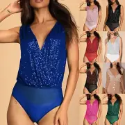 Sequin Tops Bodysuit for Women Sparkly Tops Sleeveless Tank Top Deep V Jumpsuit