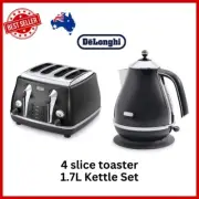 Delonghi Icona Classic Black 1.7L Kettle + 4 Slice Toaster Stainless Steel New!!