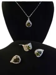 Stamped 925 Sterling Silver & Simulated Peridot Earrings, Necklace & Sz 8 Ring