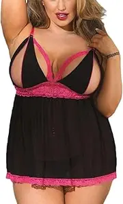 [Generic] Womens Lingerie Sexy Curvy Red Plus Split Set Mesh Size Sleepwear Women Lace Lingerie Lace Cup Skimpy Lingerie