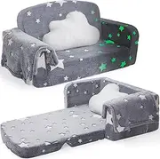 Foryoomi Extra Wide Kids Couch, 2-in-1 Soft Toddler Couch with Blanket, Glow in The Dark, Comfy Toddler Chair with Cloud Pillow, Convertible Sofa to Lounger, Star