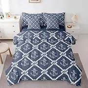 Castle Fairy Nautical Anchor Kids 7 Pieces Comforter Set Queen Size,Vintage Rope Diamond Geometry Reversible Quilt Set,White Rhombus Blue Ocean Theme Bedding Set (Comforter+Sheet+Pillowcase)