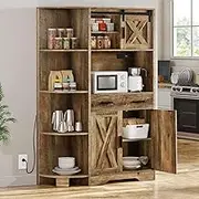 YITAHOME 67" Farmhouse Kitchen Pantry Storage Cabinet w/Sliding Barn Door ＆ Power Outlet, Freestanding Hutch with Shelves & Drawers, Microwave Stand, Large Kitchen Cupboard for Dining Room, Oak