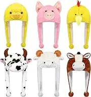 Newcotte 6 Pcs Farm Animal Hats Set - Animal Costume Hats for Kids & Adults - Plush Fun Hats for Horse, Sheep, Pig, Rooster, Duck, Rabbit - Farmer Theme Party