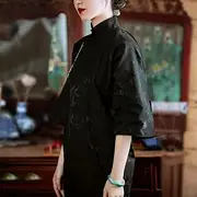 [JIMINISO] Vintage Cotton Linen Mandarin Collar Three Quarter Sleeve Loose Long Cheongsam Chinese Traditional Qipao Women