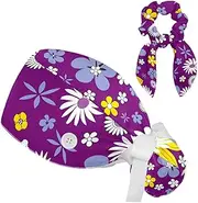 [FVQL] 2 Pcs Nurse Hats with Hair Scrunchies, Ponytail Scrub Caps Women, Floral and Leaf