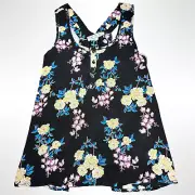 Pink Rose Shirt Woman Small Black Pink Yellow Floral Sleeveless Sheer Buttons
