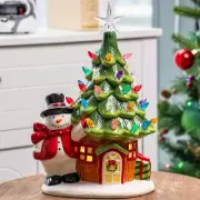 13" Ceramic Christmas Tree Snowman Hut with 38 Multicolored Lights, Pre-Light Ha