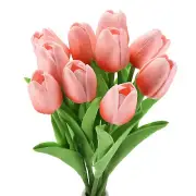 10pcs Tulips Artificial Flowers, Fake Tulip Stems Real Touch (Pink)