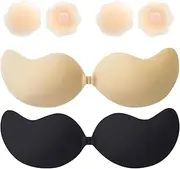 [Kisvic] Adhesive Bra Push Up, Pack of 2 Backless Strapless Bra, Comes with 2 Pairs of Nipple Pads, Reusable Invisible Silicone Self-Adhesive Bra for Party, Wedding