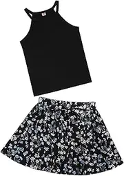 [GERU] Girls Summer 2 Piece Outfits Sleeveless Halter Neck Tank Top and Belted Pleated Skirt Set 3-12Y