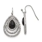 Stainless Steel Chisel Polished And Textured Black Onyx Shepherd Hook Earrings