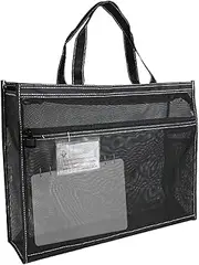 [ノーブランド品] MESH ART BAG - Mesh Zipper Briefcase, 17 x 13 x 4.4 Inches Large | Clear Art Storage Bag with Handle and Zipper | A3 Tote Bag for Posters, Paintings and More, black, 説明を参照してください, See Description