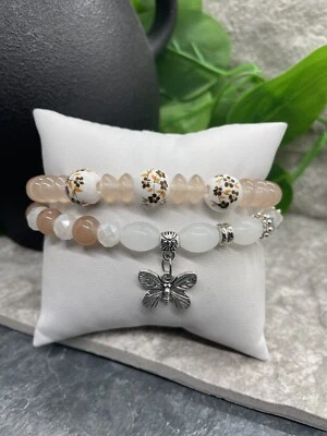 2 PC Handmade Bohemian Beaded Stackable 7" Plus Stretch Bracelet Set New B1063