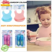 3xBaby Feeding Bib Apron Smock Silicone Waterproof Toddler Pouch Kid Fork&Spoon