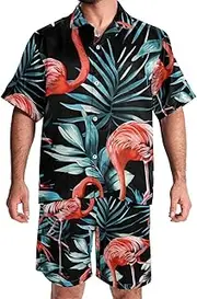 [FNETJXF] Mens Hawaiian Sets, Mens Short Sets 2 Piece Outfits, Vacation Outfits for Men, Flamingo Pink Flowers, Cruise Outfits for Men